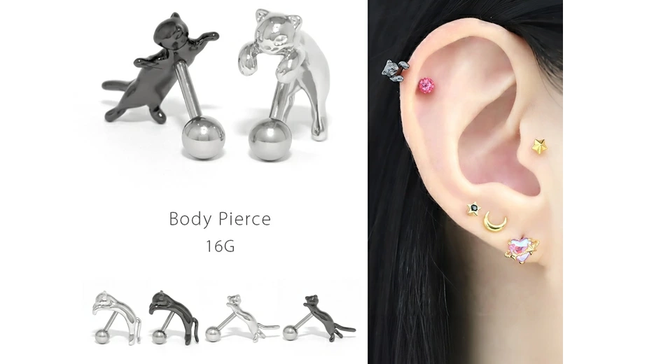 さりげなく猫を身につける｜RIN片耳用ピアス16Gで耳元にアクセント