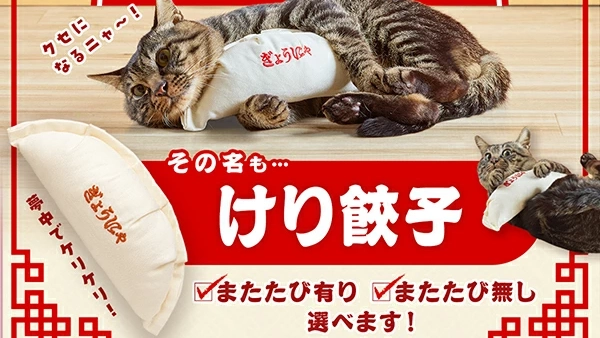 猫が餃子を抱えてキック!?思わず写真を撮りたくなる『けり餃子』